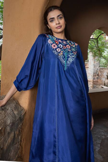 Shop Ayaka Blue Cotton, Viscose Embroidery Round Neck Julian Resham Yoke Dress Online at Aza Fashions Shop_Ayaka_Blue Cotton, Viscose Embroidery Round Neck Julian Resham Yoke Dress _Online_at_Aza_Fashions