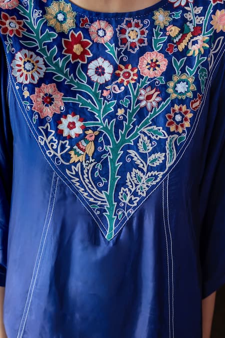 Ayaka Blue Cotton, Viscose Embroidery Round Neck Julian Resham Yoke Dress at Aza Fashions Ayaka_Blue Cotton, Viscose Embroidery Round Neck Julian Resham Yoke Dress _at_Aza_Fashions