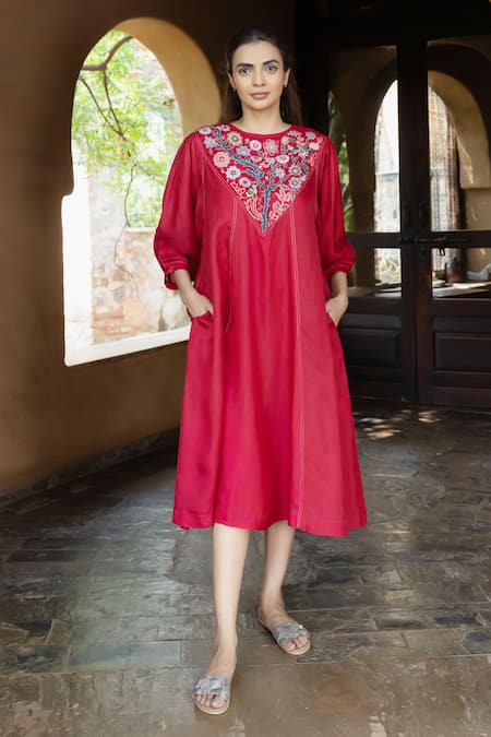 Ayaka Red Viscose Tabby Embroidery Resham Round Neck Julian Floral Placement Dress 