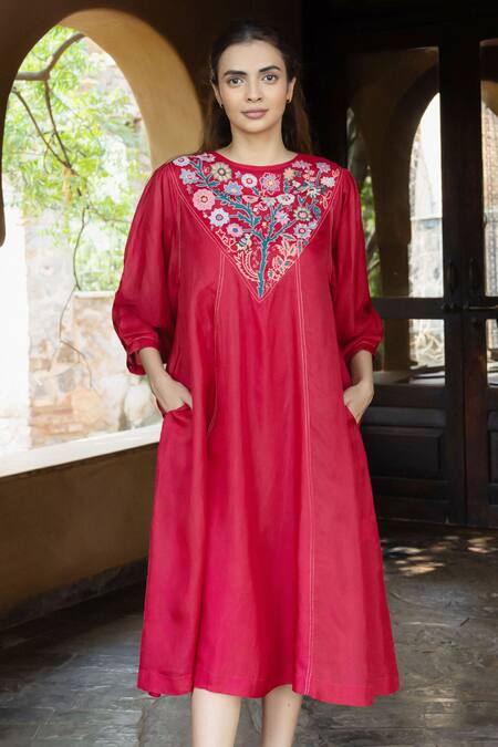 Ayaka_Red Cotton, Viscose Embroidery Round Neck Julian Floral Placement Dress _Online_at_Aza_Fashions
