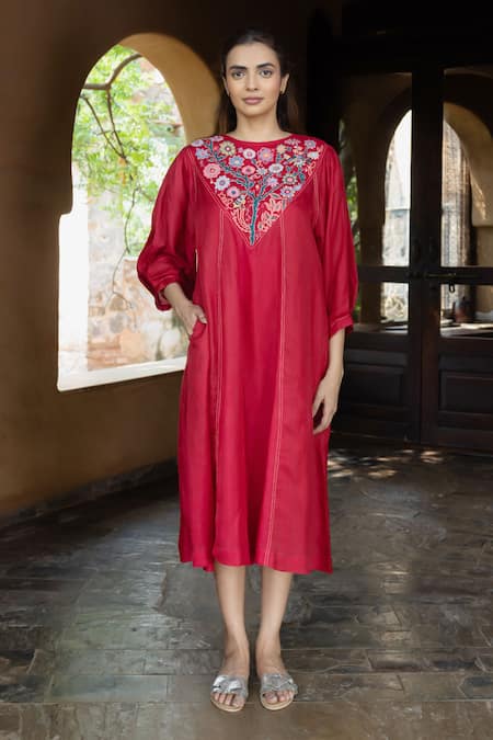Shop_Ayaka_Red Cotton, Viscose Embroidery Round Neck Julian Floral Placement Dress _Online_at_Aza_Fashions