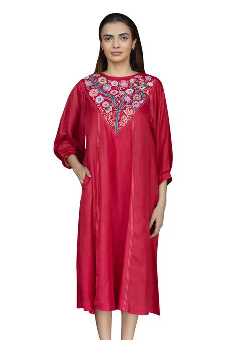 Ayaka_Red Cotton, Viscose Embroidery Round Neck Julian Floral Placement Dress _at_Aza_Fashions