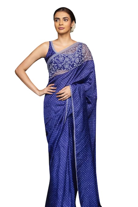 Ayaka Blue Silk Organza, Viscose Embroidery Bandhani Pattern Saree Online at Aza Fashions Ayaka_Blue Silk Organza, Viscose Embroidery Bandhani Pattern Saree _Online_at_Aza_Fashions