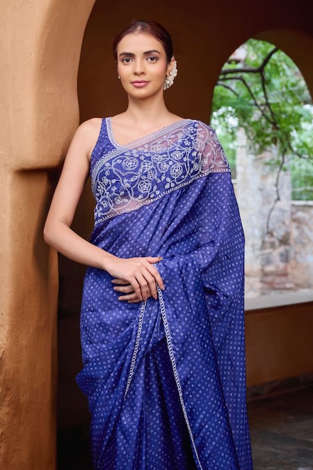 Shop Ayaka Blue Silk Organza, Viscose Embroidery Bandhani Pattern Saree Online at Aza Fashions Shop_Ayaka_Blue Silk Organza, Viscose Embroidery Bandhani Pattern Saree _Online_at_Aza_Fashions