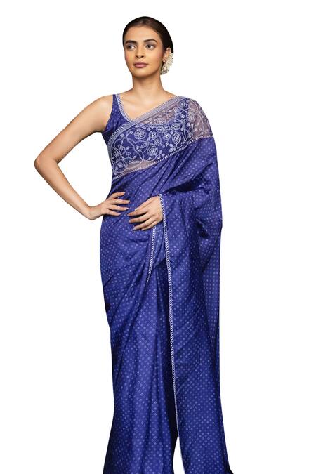 Buy_Ayaka_Blue Viscose Tabby Embroidery Bandhani Round Neck Pattern Saree Blouse_Online_at_Aza_Fashions