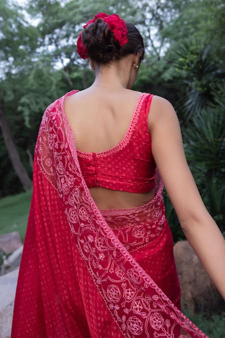 Shop Ayaka Red Viscose Tabby Embroidery Bandhani Round Neck Floral Neckline Saree Blouse at Aza Fashions Shop_Ayaka_Red Viscose Tabby Embroidery Bandhani Round Neck Floral Neckline Saree Blouse_at_Aza_Fashions