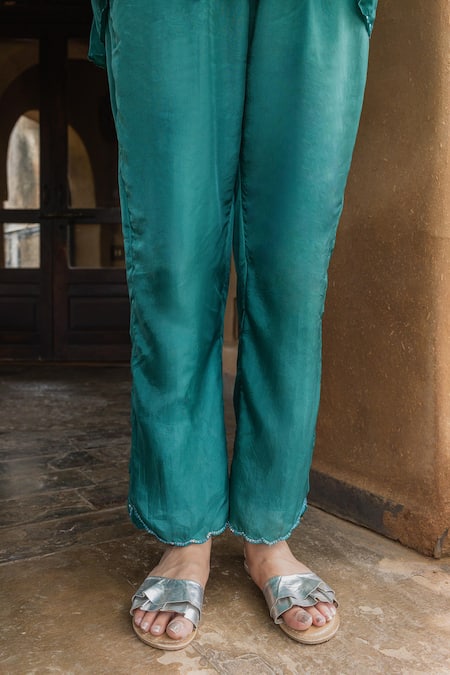 Shop Ayaka Green Cotton, Viscose Sequins Carly Scallop Bordered Trouser at Aza Fashions Shop_Ayaka_Green Cotton, Viscose Sequins Carly Scallop Bordered Trouser _at_Aza_Fashions