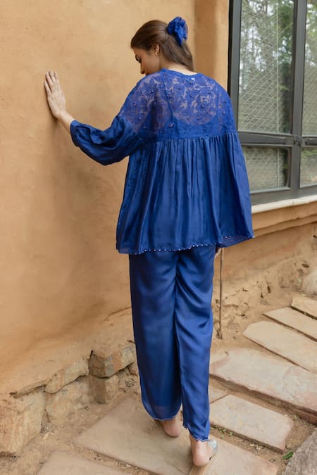 Shop Ayaka Blue Cotton, Viscose Sequins Carly Scallop Border Embroidered Trouser at Aza Fashions Shop_Ayaka_Blue Cotton, Viscose Sequins Carly Scallop Border Embroidered Trouser _at_Aza_Fashions