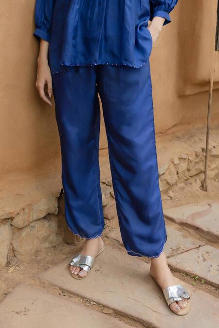 Buy Ayaka Blue Cotton, Viscose Sequins Carly Scallop Border Embroidered Trouser Online at Aza Fashions Buy_Ayaka_Blue Cotton, Viscose Sequins Carly Scallop Border Embroidered Trouser _Online_at_Aza_Fashions