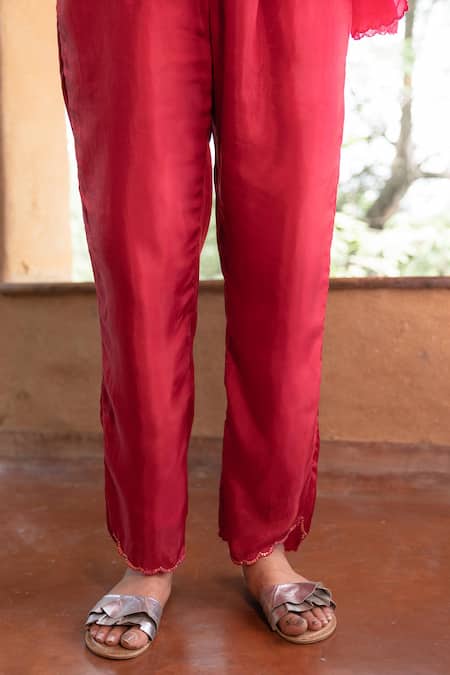 Shop Ayaka Red Cotton, Viscose Sequins Carly Border Embroidered Trouser at Aza Fashions Shop_Ayaka_Red Cotton, Viscose Sequins Carly Border Embroidered Trouser _at_Aza_Fashions