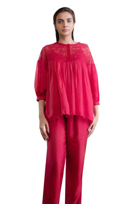Ayaka Red Cotton, Viscose Sequins Carly Border Embroidered Trouser Online at Aza Fashions Ayaka_Red Cotton, Viscose Sequins Carly Border Embroidered Trouser _Online_at_Aza_Fashions