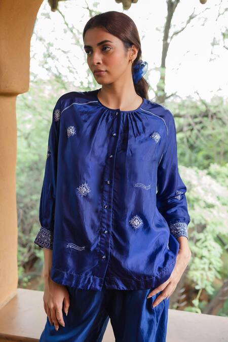 Buy Ayaka Blue Viscose Embroidery Round Neck Dale Kantha Thread Pleated Top Online at Aza Fashions Buy_Ayaka_Blue Viscose Embroidery Round Neck Dale Kantha Thread Pleated Top _Online_at_Aza_Fashions