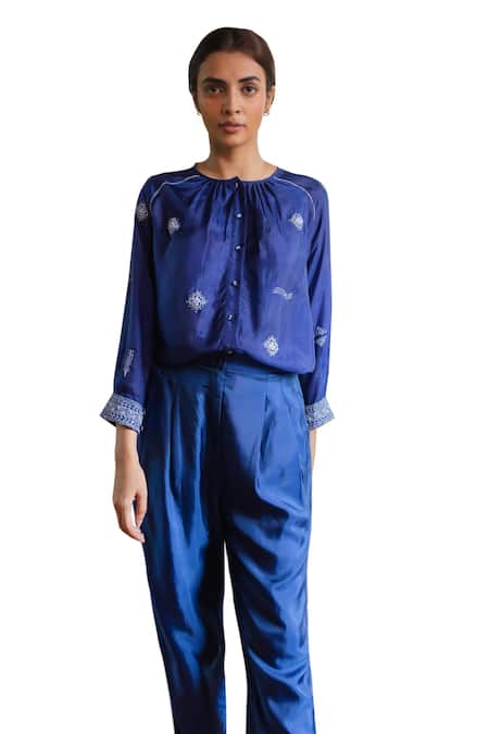 Ayaka Blue Viscose Embroidery Round Neck Dale Kantha Thread Pleated Top at Aza Fashions Ayaka_Blue Viscose Embroidery Round Neck Dale Kantha Thread Pleated Top _at_Aza_Fashions