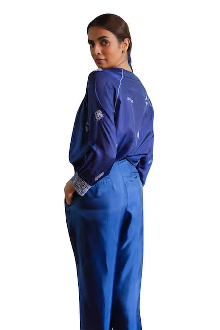 Shop Ayaka Blue Viscose Embroidery Round Neck Dale Kantha Thread Pleated Top Shop_Ayaka_Blue Viscose Embroidery Round Neck Dale Kantha Thread Pleated Top