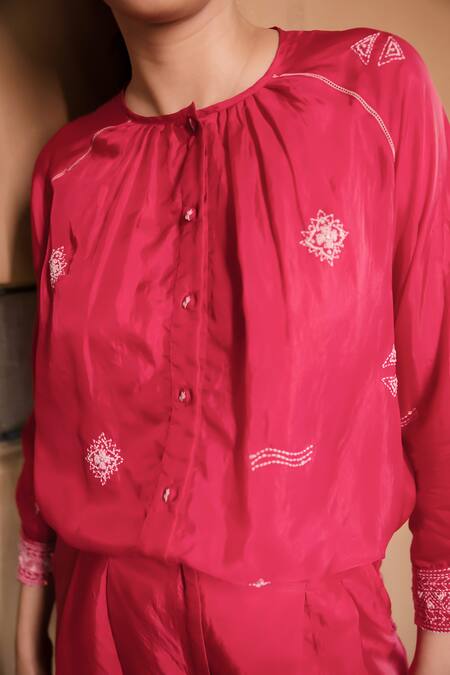 Buy Ayaka Red Viscose Embroidery Round Neck Dalekantha Pleated Top Online at Aza Fashions Buy_Ayaka_Red Viscose Embroidery Round Neck Dalekantha Pleated Top _Online_at_Aza_Fashions