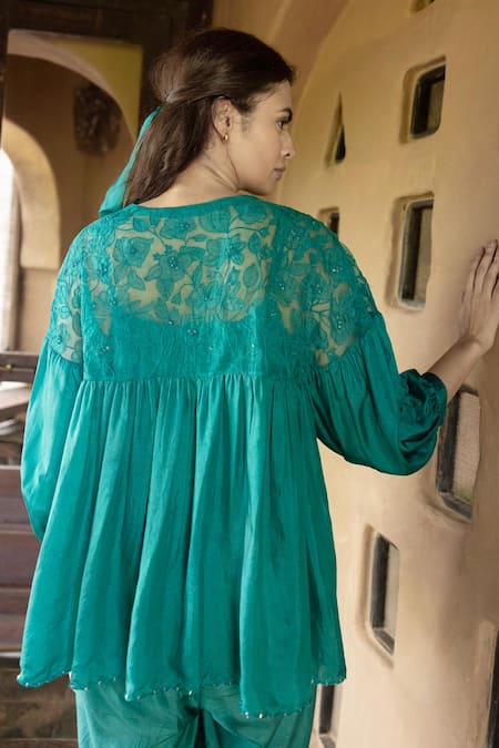 Shop Ayaka Green Silk Organza, Viscose Embroidery Round Polly Floral Applique Yoke Top at Aza Fashions Shop_Ayaka_Green Silk Organza, Viscose Embroidery Round Polly Floral Applique Yoke Top _at_Aza_Fashions