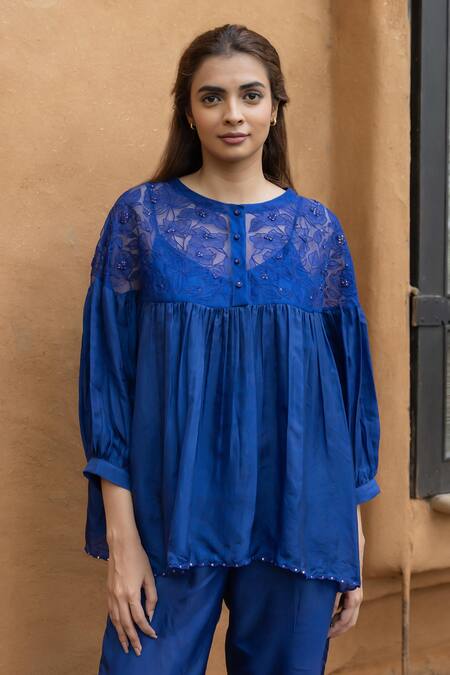 Shop Ayaka Blue Silk Organza, Viscose Embroidery Round Neck Polly Floral Thread Yoke Top Online at Aza Fashions Shop_Ayaka_Blue Silk Organza, Viscose Embroidery Round Neck Polly Floral Thread Yoke Top _Online_at_Aza_Fashions