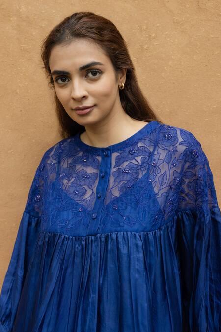Ayaka Blue Silk Organza, Viscose Embroidery Round Neck Polly Floral Thread Yoke Top at Aza Fashions Ayaka_Blue Silk Organza, Viscose Embroidery Round Neck Polly Floral Thread Yoke Top _at_Aza_Fashions