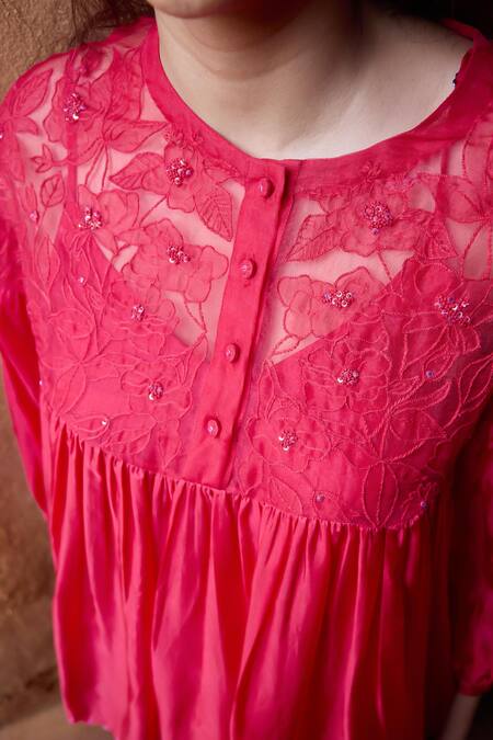 Shop Ayaka Red Silk Organza, Viscose Embroidery Round Polly Floral Applique Gather Top Online at Aza Fashions Shop_Ayaka_Red Silk Organza, Viscose Embroidery Round Polly Floral Applique Gather Top _Online_at_Aza_Fashions