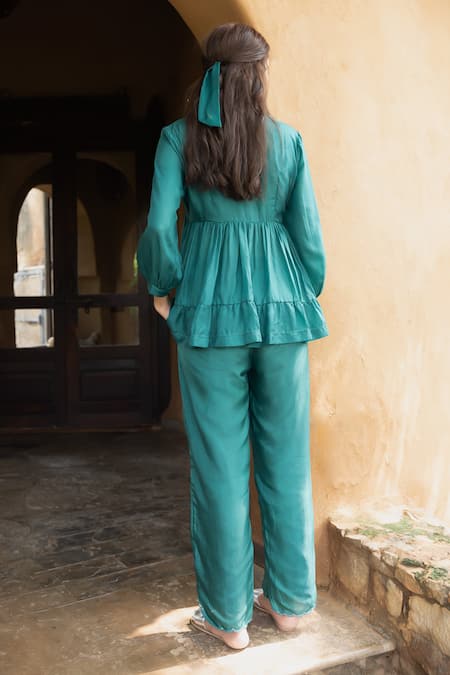 Shop_Ayaka_Green Viscose Embroidery Split V-neck Cara Thread Yoke Tiered Top _at_Aza_Fashions