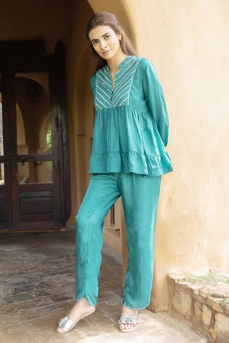 Shop_Ayaka_Green Viscose Embroidery Split V-neck Cara Thread Yoke Tiered Top _Online_at_Aza_Fashions