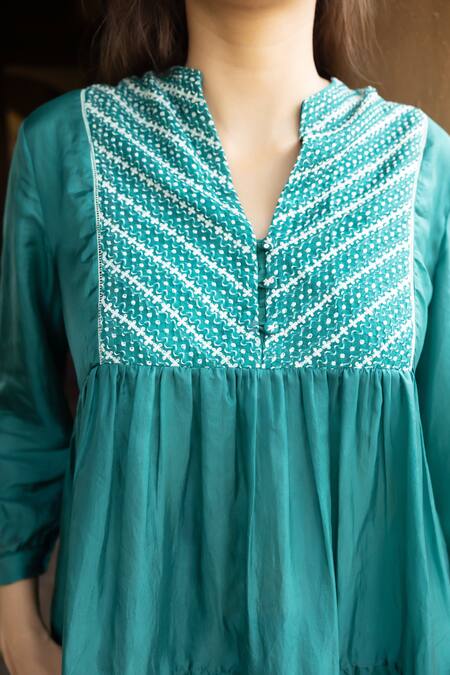 Ayaka_Green Viscose Embroidery Split V-neck Cara Thread Yoke Tiered Top _at_Aza_Fashions