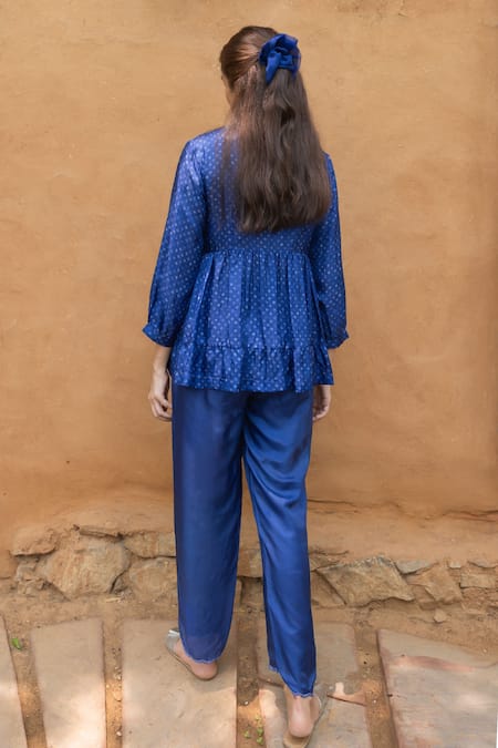 Shop Ayaka Blue Viscose Embroidery Split V-neck Cara Bandhani Thread Yoke Top at Aza Fashions Shop_Ayaka_Blue Viscose Embroidery Split V-neck Cara Bandhani Thread Yoke Top _at_Aza_Fashions