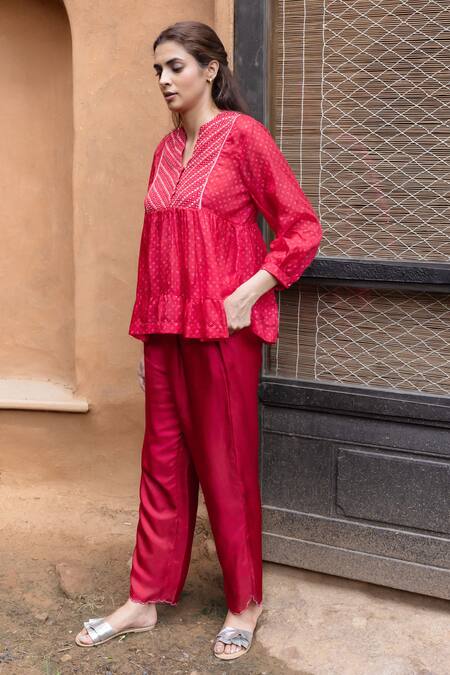 Ayaka Red Viscose Sequins, Beads, Embroidery Cara Tiered Bandhani Print Peplum Top Online at Aza Fashions Ayaka_Red Viscose Sequins, Beads, Embroidery Cara Tiered Bandhani Print Peplum Top _Online_at_Aza_Fashions