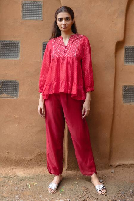 Shop Ayaka Red Viscose Sequins, Beads, Embroidery Cara Tiered Bandhani Print Peplum Top Online at Aza Fashions Shop_Ayaka_Red Viscose Sequins, Beads, Embroidery Cara Tiered Bandhani Print Peplum Top _Online_at_Aza_Fashions