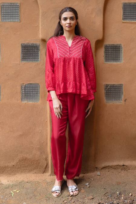 Ayaka Red Viscose Sequins, Beads, Embroidery Cara Tiered Bandhani Print Peplum Top at Aza Fashions Ayaka_Red Viscose Sequins, Beads, Embroidery Cara Tiered Bandhani Print Peplum Top _at_Aza_Fashions