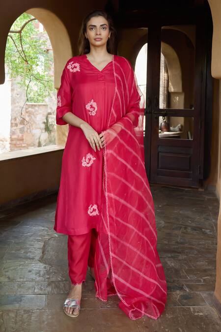 Ayaka_Red Viscose Embroidery V-neck Floral Hand Tunic _Online_at_Aza_Fashions