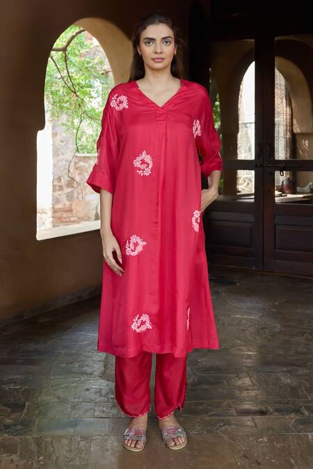 Shop_Ayaka_Red Viscose Embroidery V-neck Floral Hand Tunic _Online_at_Aza_Fashions