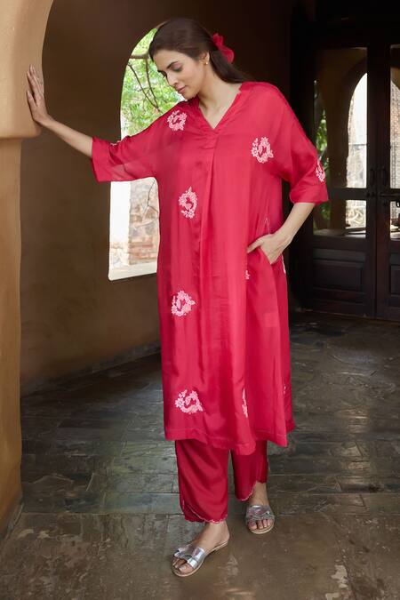 Ayaka_Red Viscose Embroidery V-neck Floral Hand Tunic _at_Aza_Fashions