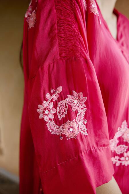 Buy_Ayaka_Red Viscose Embroidery V-neck Floral Hand Tunic 