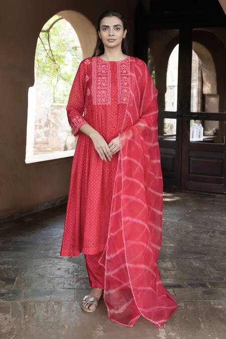 Buy_Ayaka_Red Viscose Embroidery Round Neck Thread Hand Kurta 