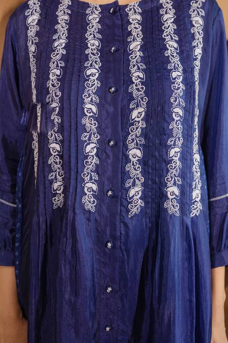 Ayaka_Blue Viscose Embroidery Round Neck Pintucked Hand Tunic _Online_at_Aza_Fashions