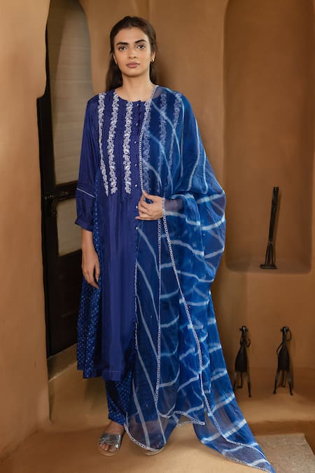 Ayaka_Blue Viscose Embroidery Round Neck Pintucked Hand Tunic _at_Aza_Fashions