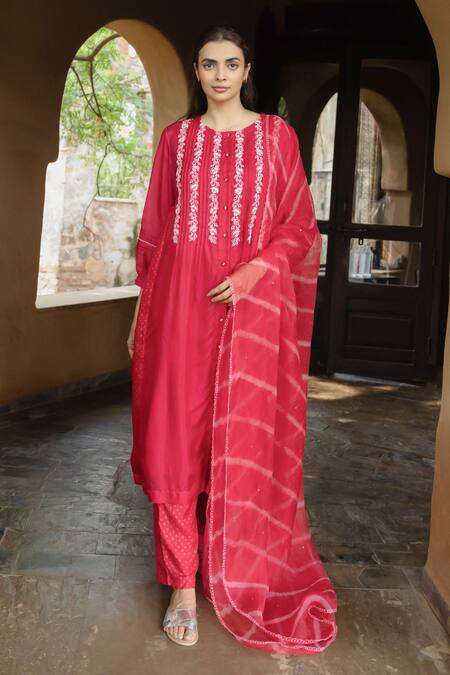 Ayaka_Red Viscose Tabby Hand Embroidered Floral Wines Round Tunic _at_Aza_Fashions