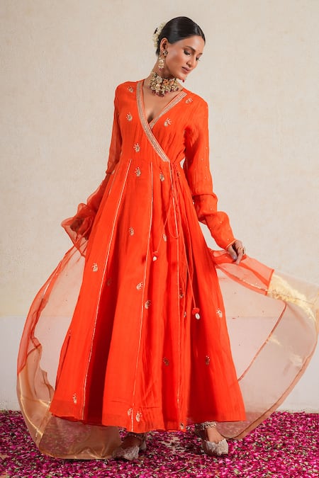 Kalakari by Akanksha Orange Silk Chanderi Embroidery Sequin V Genda Paisley And Aari Anarkali Set 