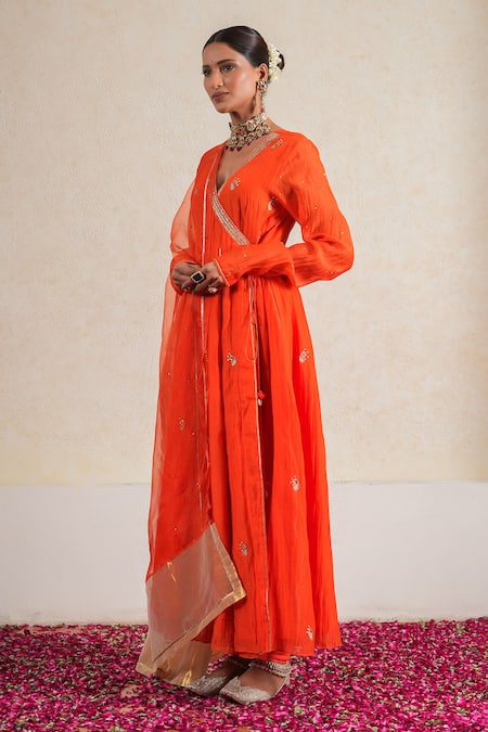 Buy_Kalakari By Akanksha_Orange Cotton, , Genda Paisley And Aari Embroidered Anarkali Set _Online_at_Aza_Fashions