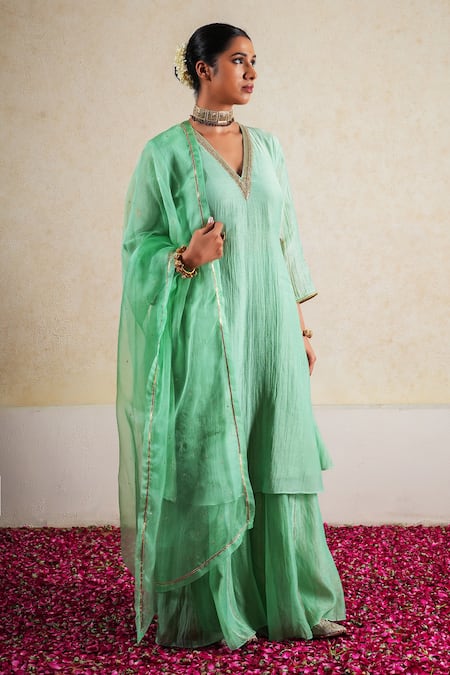 Kalakari by Akanksha Green Silk Chanderi Embroidery Sequin V Neck Chameli Gul Kurta Gharara Sets 