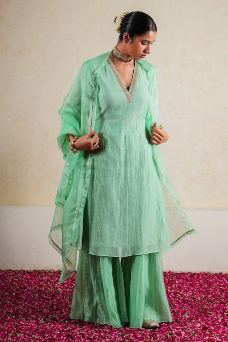 Buy_Kalakari By Akanksha_Green Organza, Silk, Chanderi Sequins Chameli Gul Embroidered Kurta Gharara Sets _Online_at_Aza_Fashions
