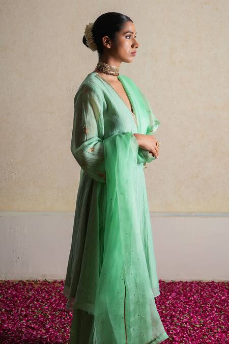 Shop_Kalakari By Akanksha_Green Organza, Silk, Chanderi Sequins Chameli Gul Embroidered Kurta Gharara Sets _Online_at_Aza_Fashions