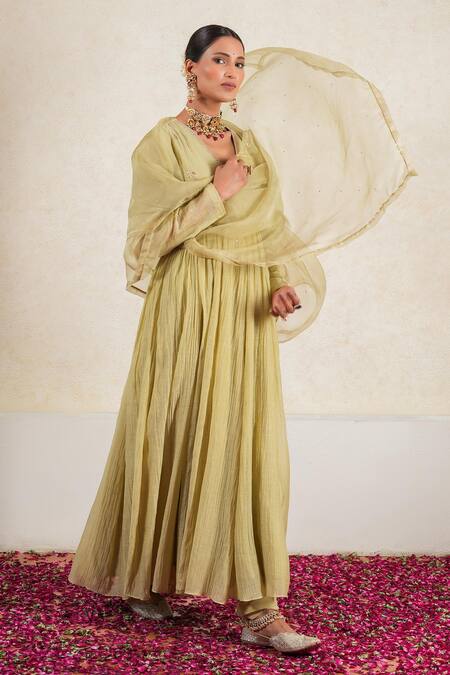 Buy_Kalakari By Akanksha_Green Cotton, Silk Organza Gulbahar Paisley And Aari Embroidered Anarkali Set _Online_at_Aza_Fashions