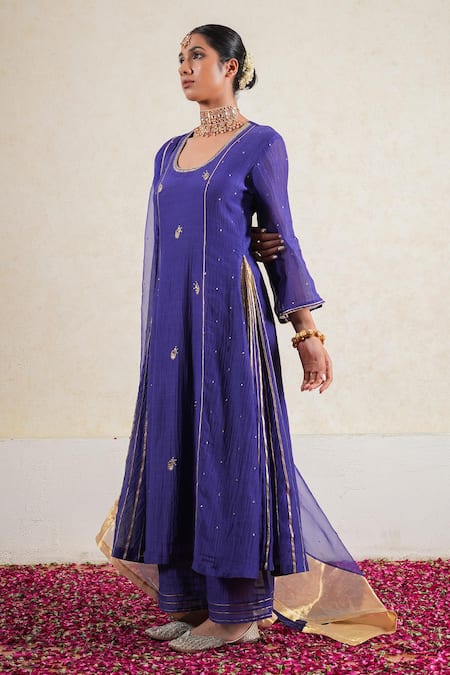 Buy_Kalakari By Akanksha_Purple Organza, Silk, Chanderi Embroidery, Kaner Striped Side Kali Kurta Set _Online_at_Aza_Fashions