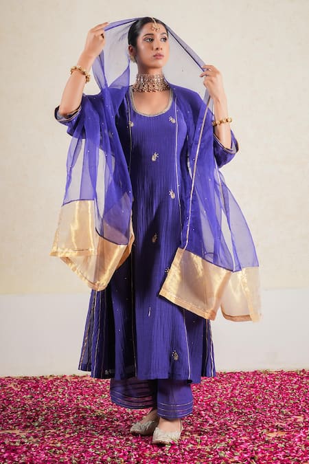Shop_Kalakari By Akanksha_Purple Organza, Silk, Chanderi Embroidery, Kaner Striped Side Kali Kurta Set _Online_at_Aza_Fashions