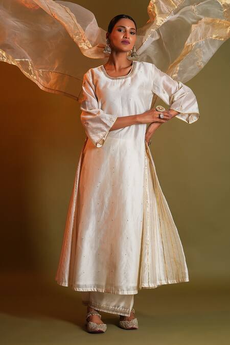 Shop_Kalakari by Akanksha_Ivory , , Gota Mogra Striped Side Kali Kurta Set _Online_at_Aza_Fashions