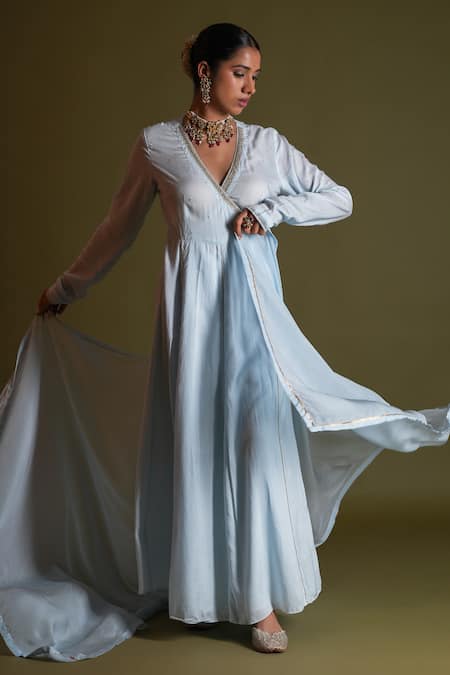 Shop_Kalakari By Akanksha_Blue Cotton, Organza Gota Patti, Sequins, Neelkamal Gaze Anarkali Set _Online_at_Aza_Fashions