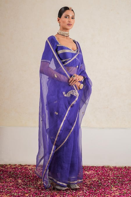Buy_Kalakari By Akanksha_Purple Organza, Gulkhera And Aari Embroidered Saree With Blouse _Online_at_Aza_Fashions