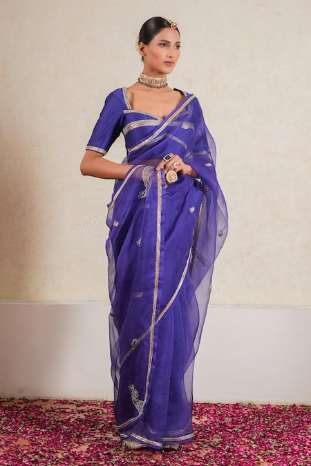 Shop_Kalakari By Akanksha_Purple Organza, Gulkhera And Aari Embroidered Saree With Blouse _Online_at_Aza_Fashions
